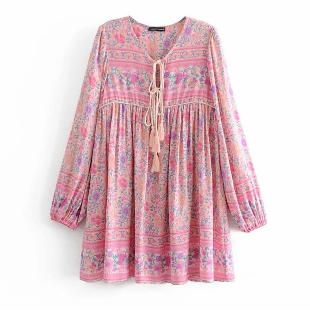 Babydoll Boho Floral Gypsy 70s Print Dress Pink - Picture 3 of 11